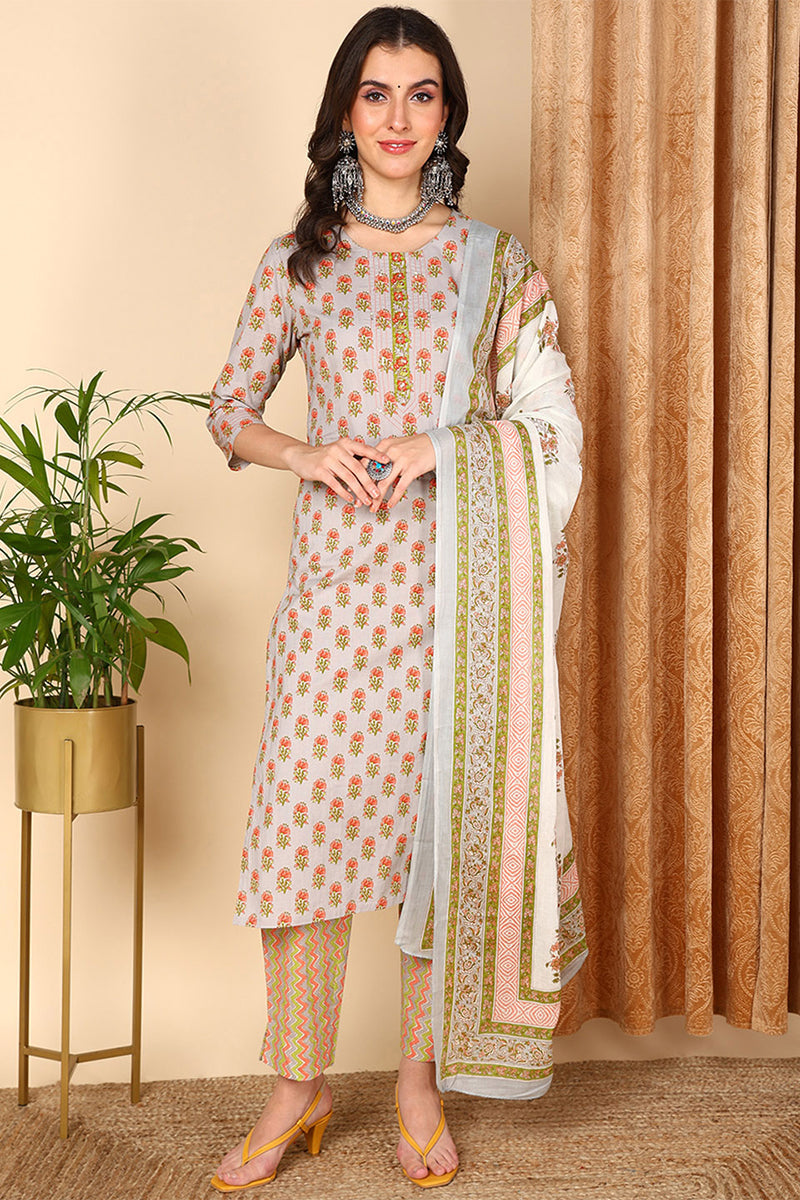 Grey Pure Cotton Ethnic Motifs Printed Straight Suit Set | SHOBITAM