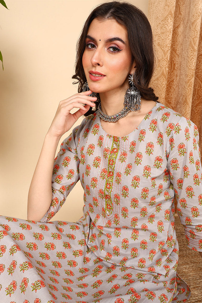 Grey Pure Cotton Ethnic Motifs Printed Straight Suit Set | SHOBITAM