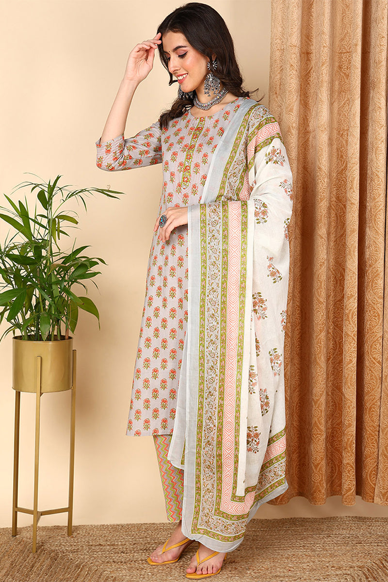 Grey Pure Cotton Ethnic Motifs Printed Straight Suit Set | SHOBITAM