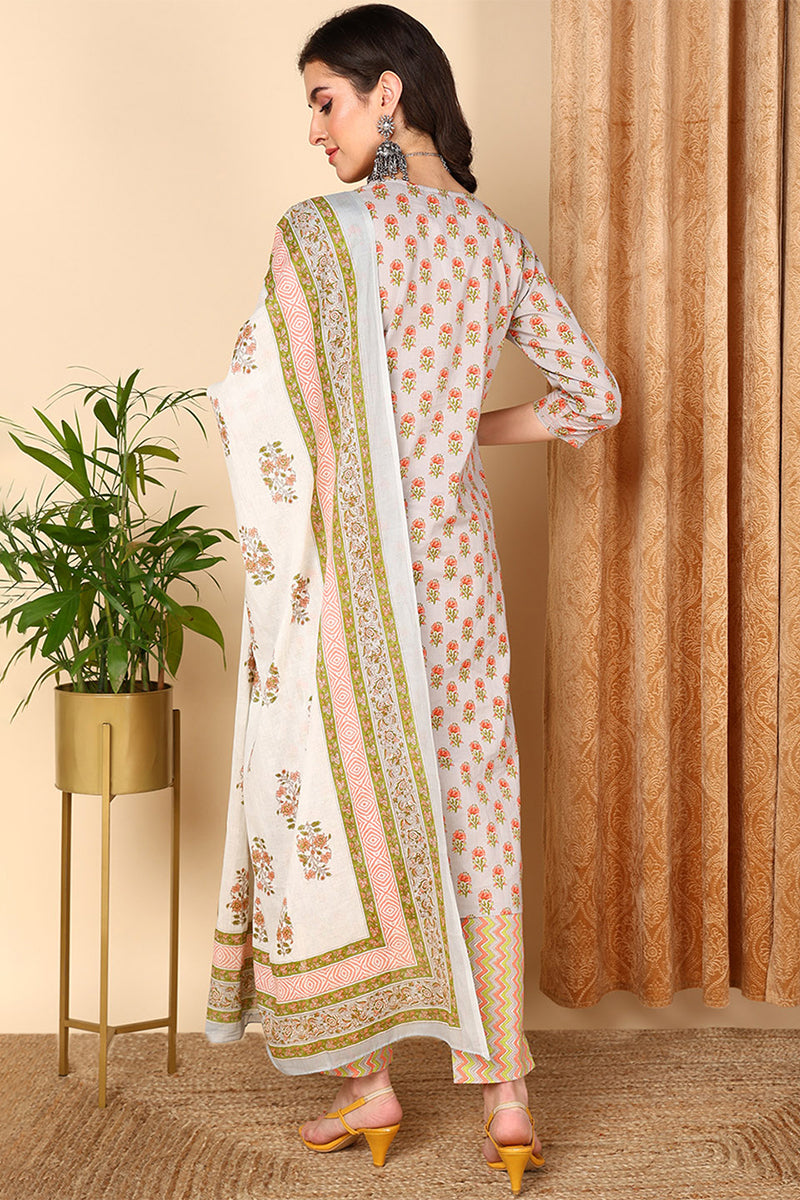 Grey Pure Cotton Ethnic Motifs Printed Straight Suit Set | SHOBITAM