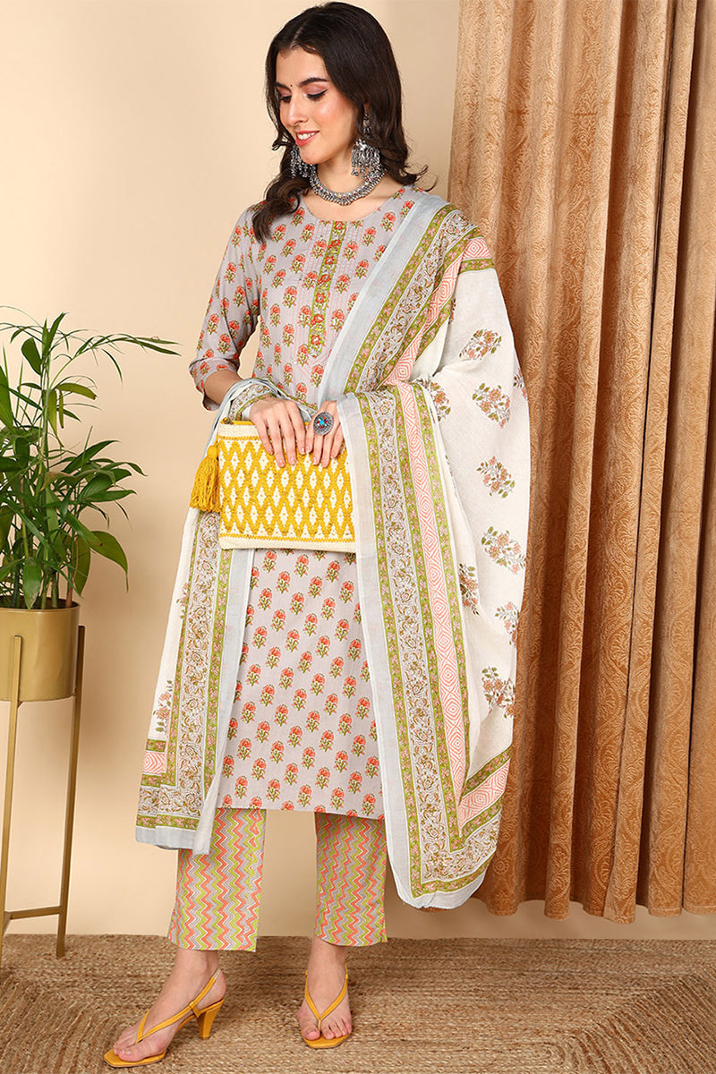 Grey Pure Cotton Ethnic Motifs Printed Straight Suit Set | SHOBITAM