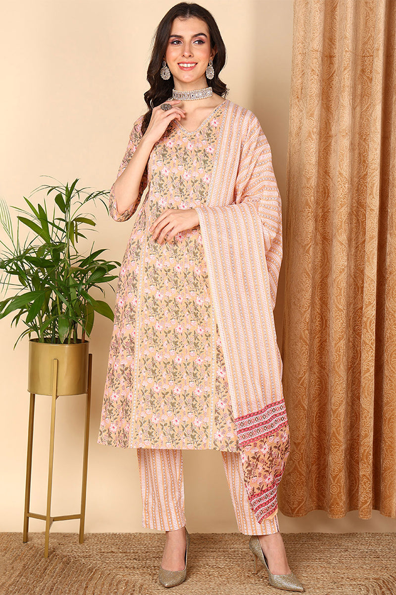Peach Pure Cotton Floral Printed Straight Suit Set | SHOBITAM