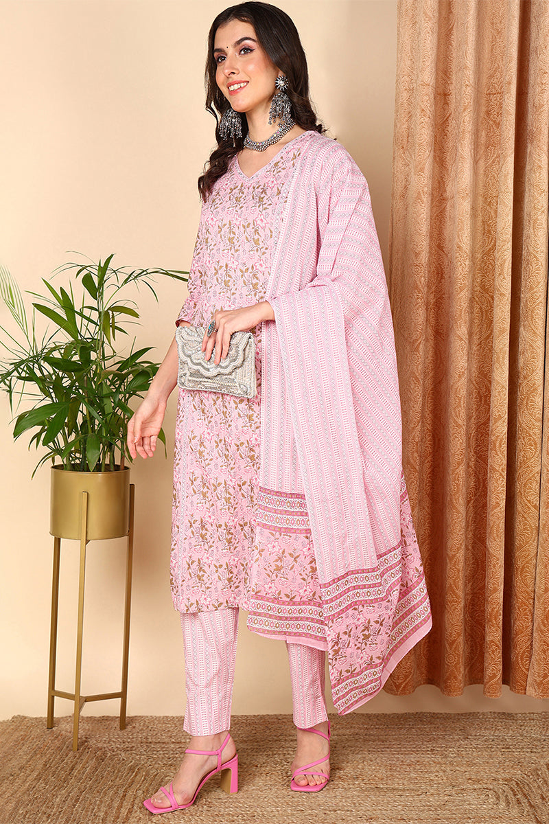 Pink Pure Cotton Floral Printed Straight Suit Set | SHOBITAM