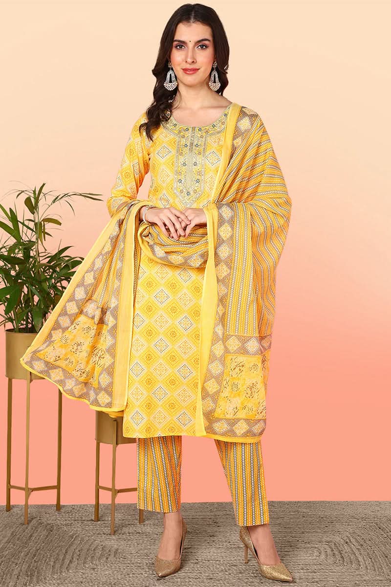 Yellow Pure Cotton Geometric Printed Yoke Design Suit Set | SHOBITAM