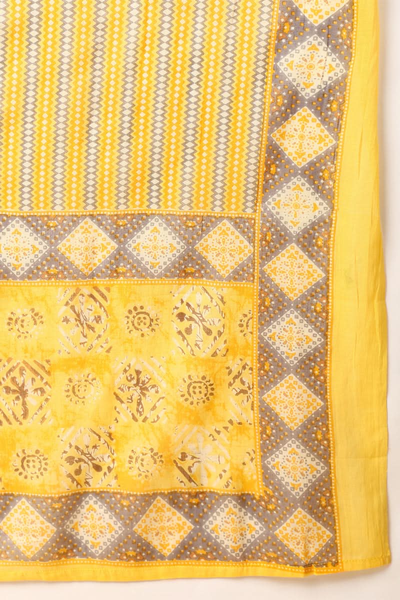Yellow Pure Cotton Geometric Printed Yoke Design Suit Set | SHOBITAM