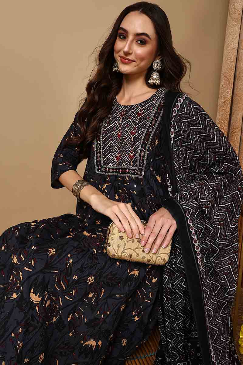 Charcoal Black Pure Cotton Floral Printed Yoke Design Suit Set | SHOBITAM