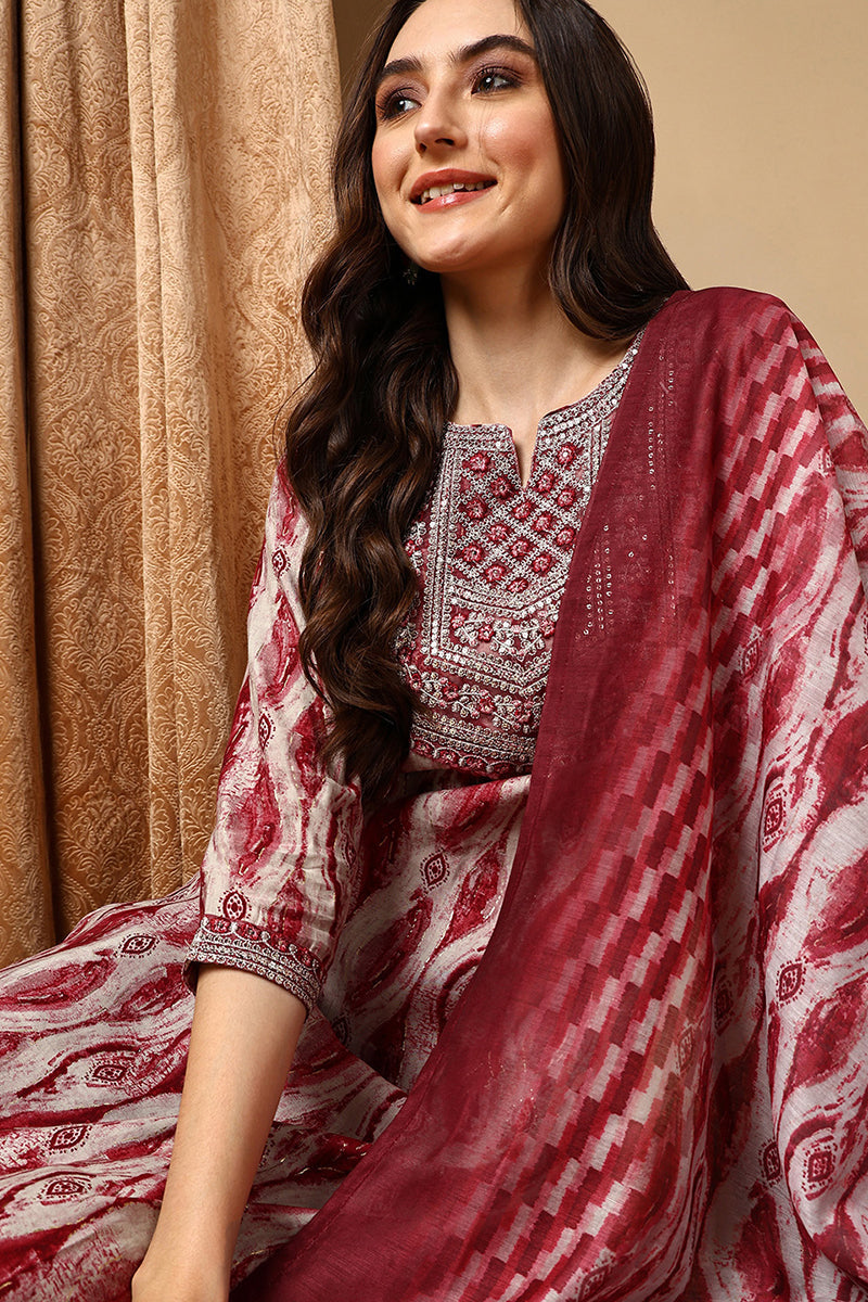 Maroon Silk Blend Printed Ethnic Motifs Yoke Design Suit Set  | SHOBITAM