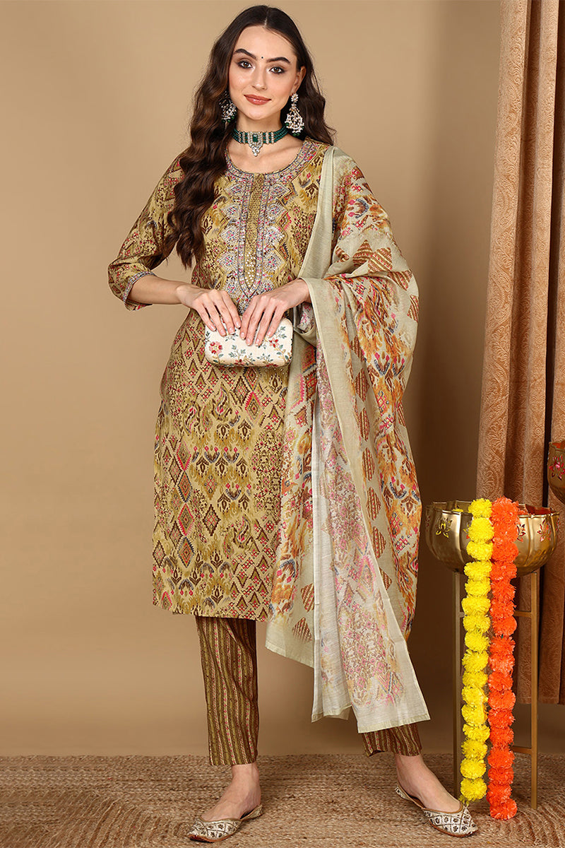 Mustard Yellow Cotton Geometric Printed Straight Suit Set  | SHOBITAM