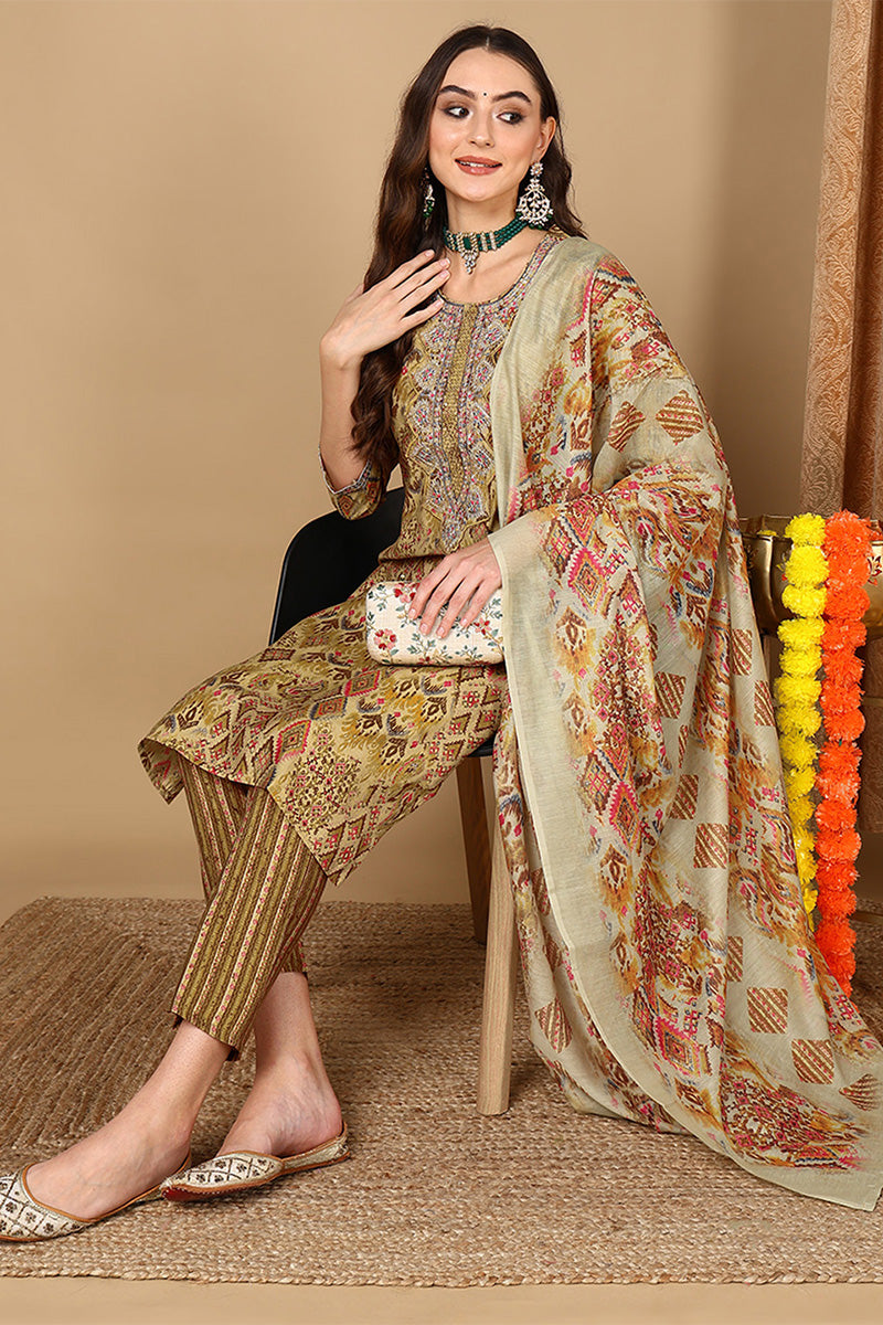 Mustard Yellow Cotton Geometric Printed Straight Suit Set  | SHOBITAM