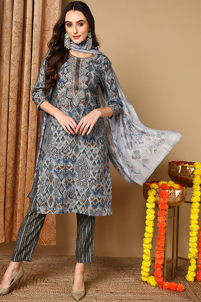 Grey Pure Cotton Ethnic Motifs Printed Straight Suit Set  | SHOBITAM