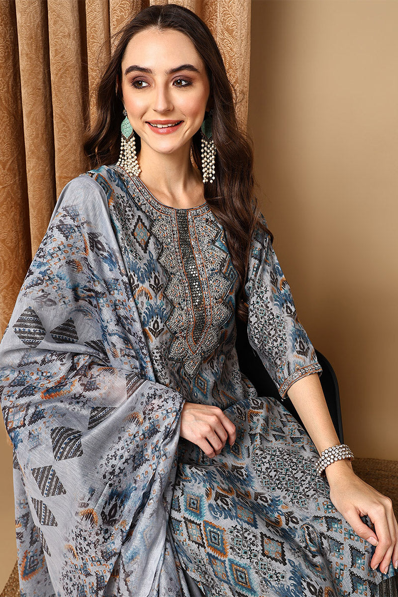 Grey Pure Cotton Ethnic Motifs Printed Straight Suit Set  | SHOBITAM
