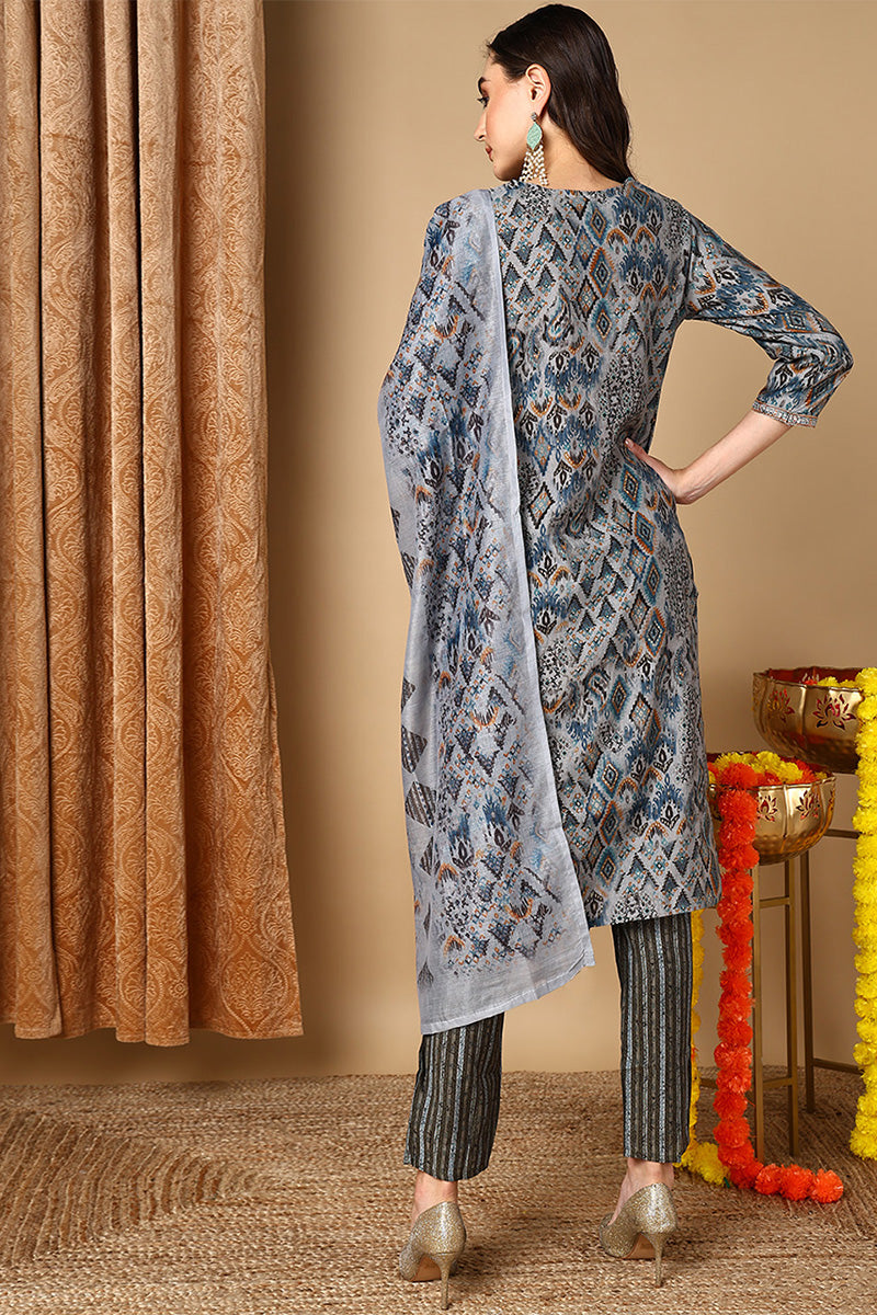 Grey Pure Cotton Ethnic Motifs Printed Straight Suit Set  | SHOBITAM