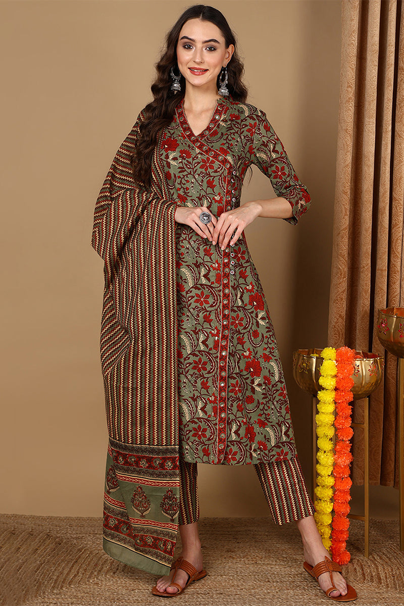Green Pure Cotton Floral Printed Angarkha Suit Set  | SHOBITAM