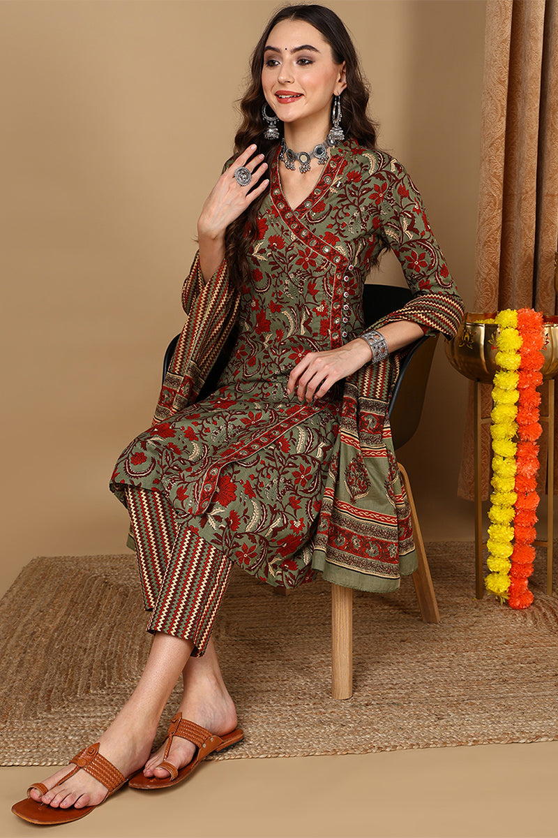 Green Pure Cotton Floral Printed Angarkha Suit Set  | SHOBITAM