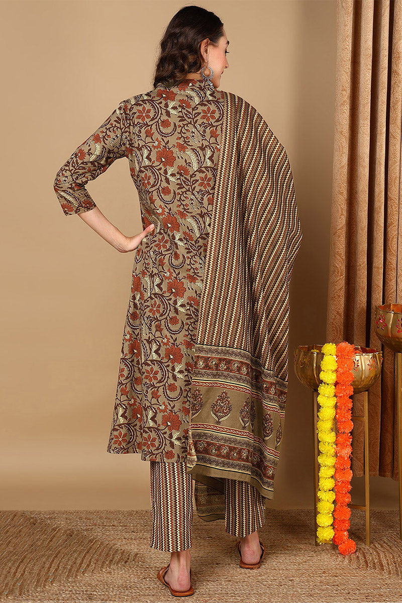 Taupe Pure Cotton Floral Printed Angharkha Suit Set  | SHOBITAM