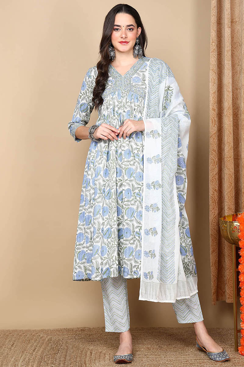 White Rayon Blend Floral Printed Flared Suit Set | SHOBITAM