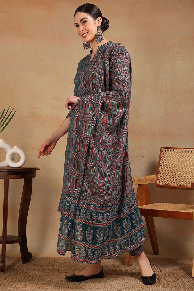 Teal Blue Rayon Blend Ethnic Motifs Printed Straight Suit Set | SHOBITAM