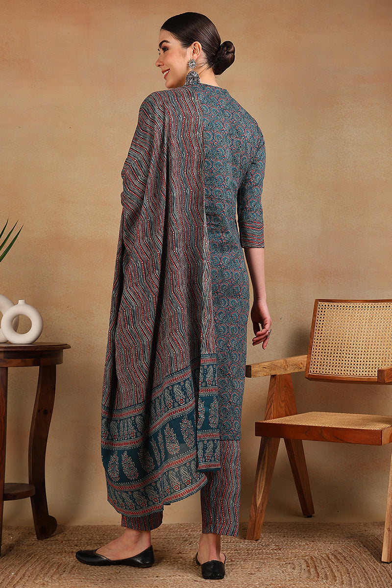 Teal Blue Rayon Blend Ethnic Motifs Printed Straight Suit Set | SHOBITAM