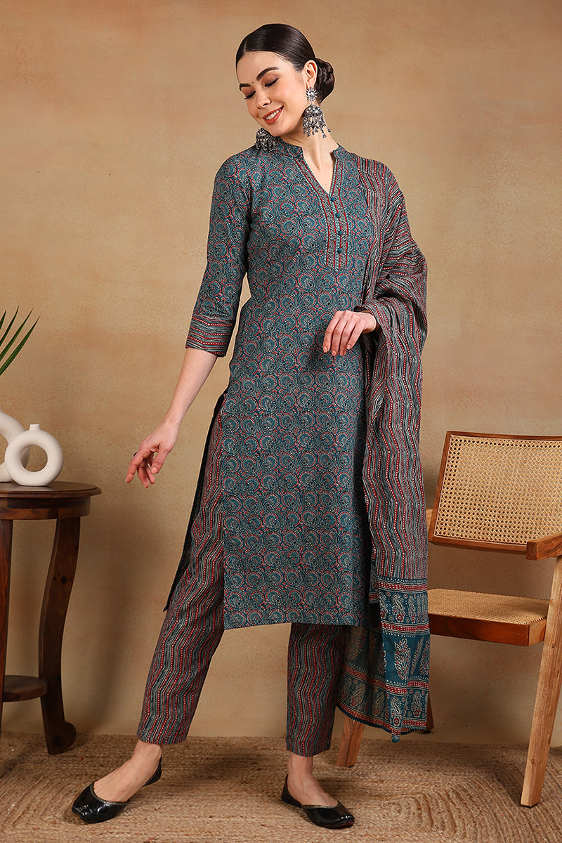 Teal Blue Rayon Blend Ethnic Motifs Printed Straight Suit Set | SHOBITAM