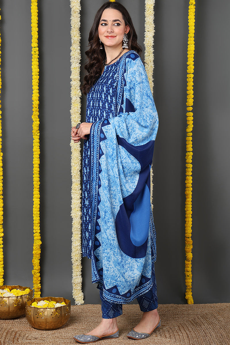 Blue Rayon Blend Ethnic Motifs Printed Straight Suit Set | SHOBITAM
