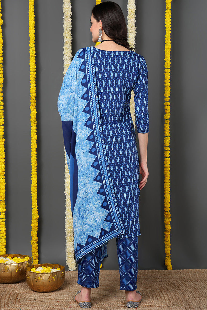 Blue Rayon Blend Ethnic Motifs Printed Straight Suit Set | SHOBITAM