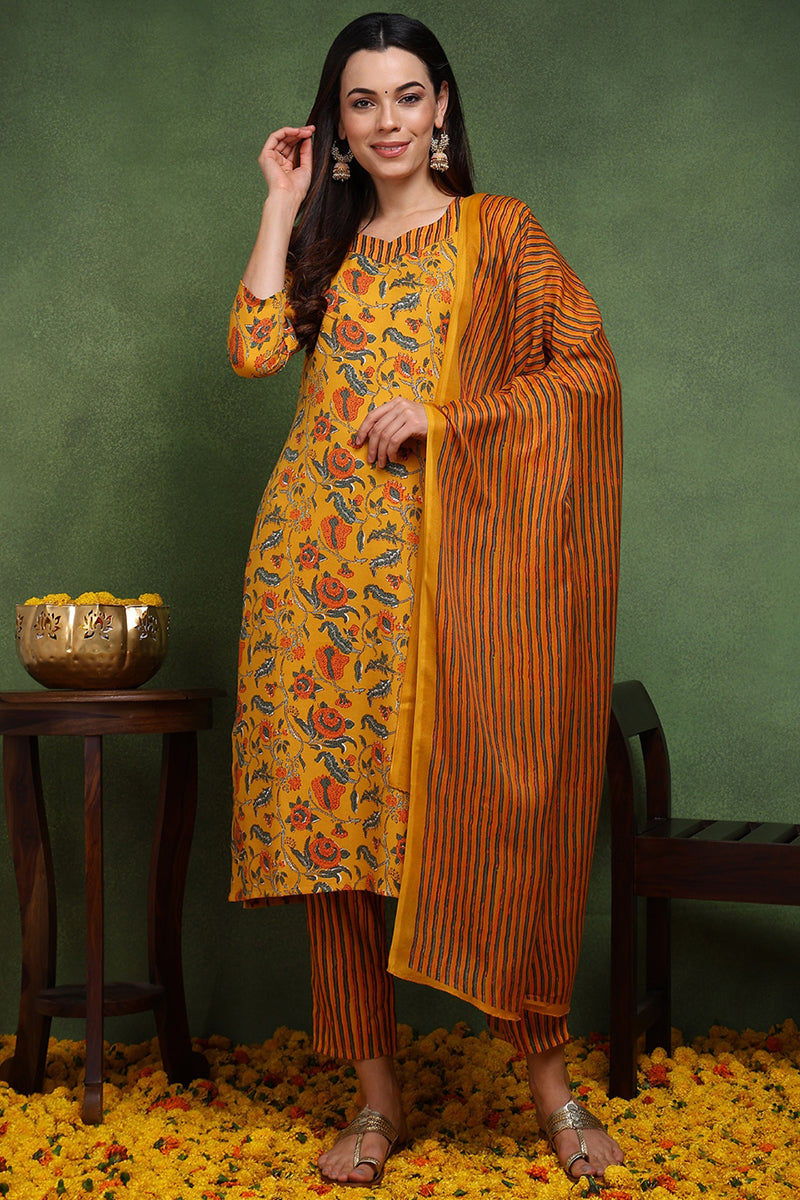 Yellow Rayon Blend Floral Printed Straight Suit Set | SHOBITAM