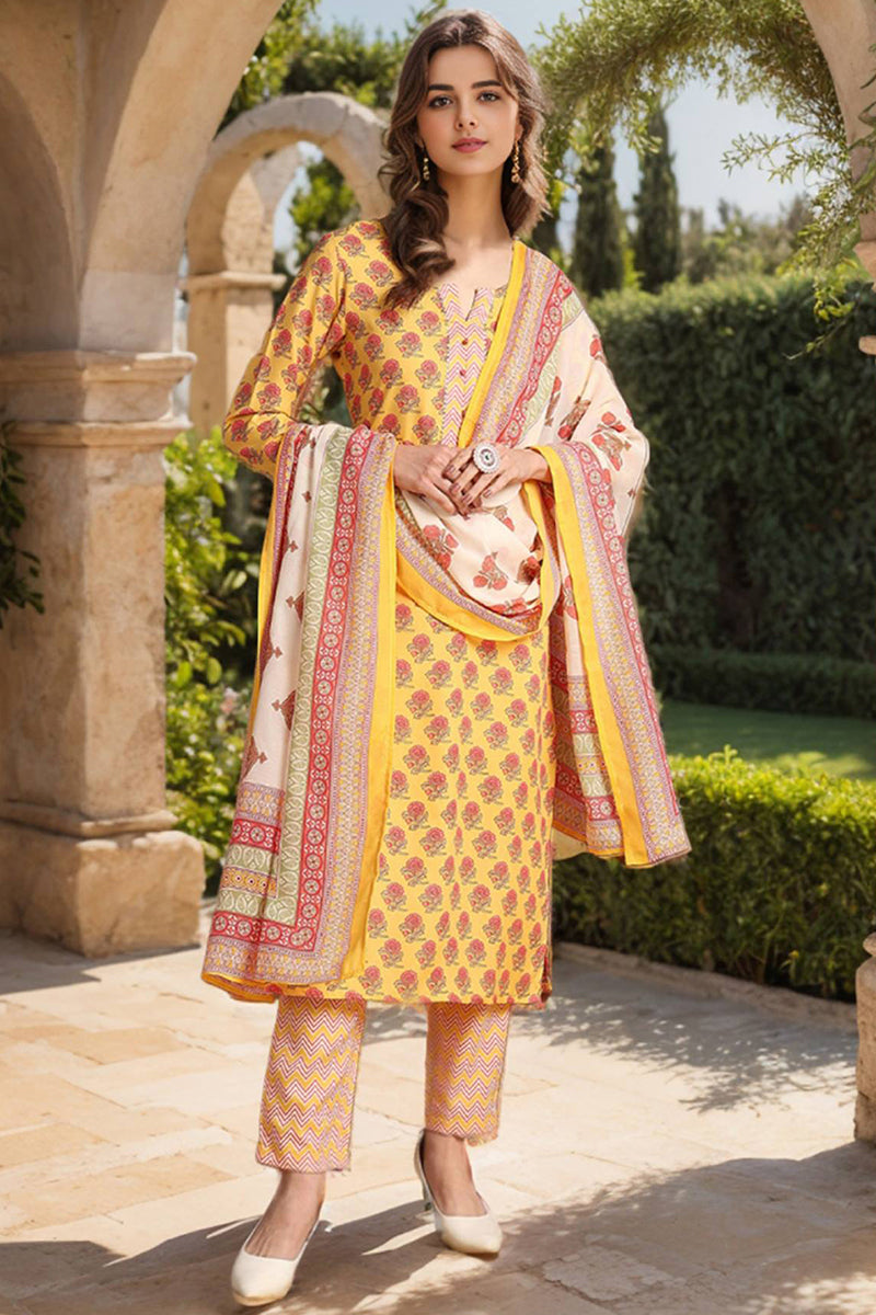 Yellow Rayon Blend Floral Printed Straight Suit Set | SHOBITAM