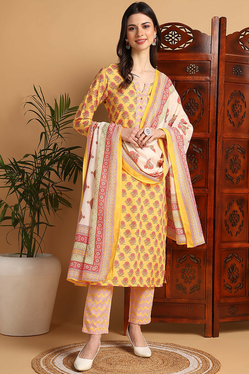 Yellow Rayon Blend Floral Printed Straight Suit Set | SHOBITAM