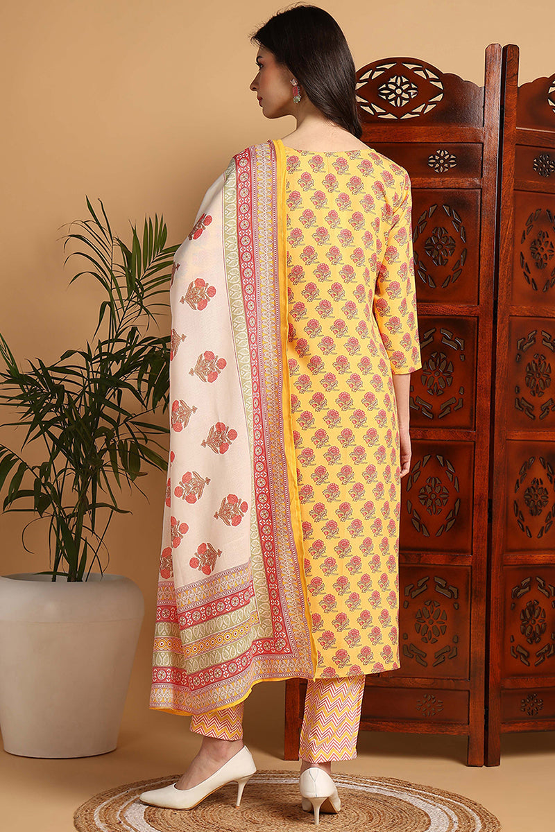 Yellow Rayon Blend Floral Printed Straight Suit Set | SHOBITAM
