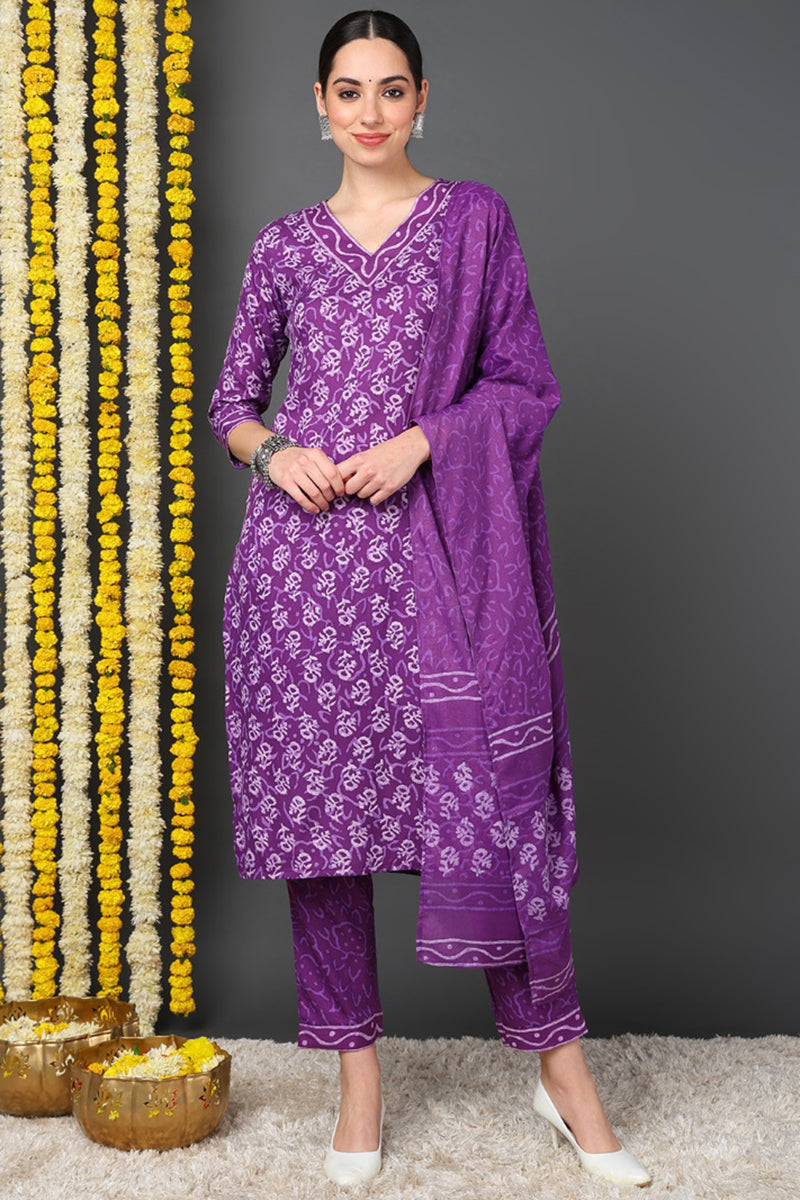 Violet Rayon Blend Ethnic Motifs Printed Straight Suit Set | SHOBITAM