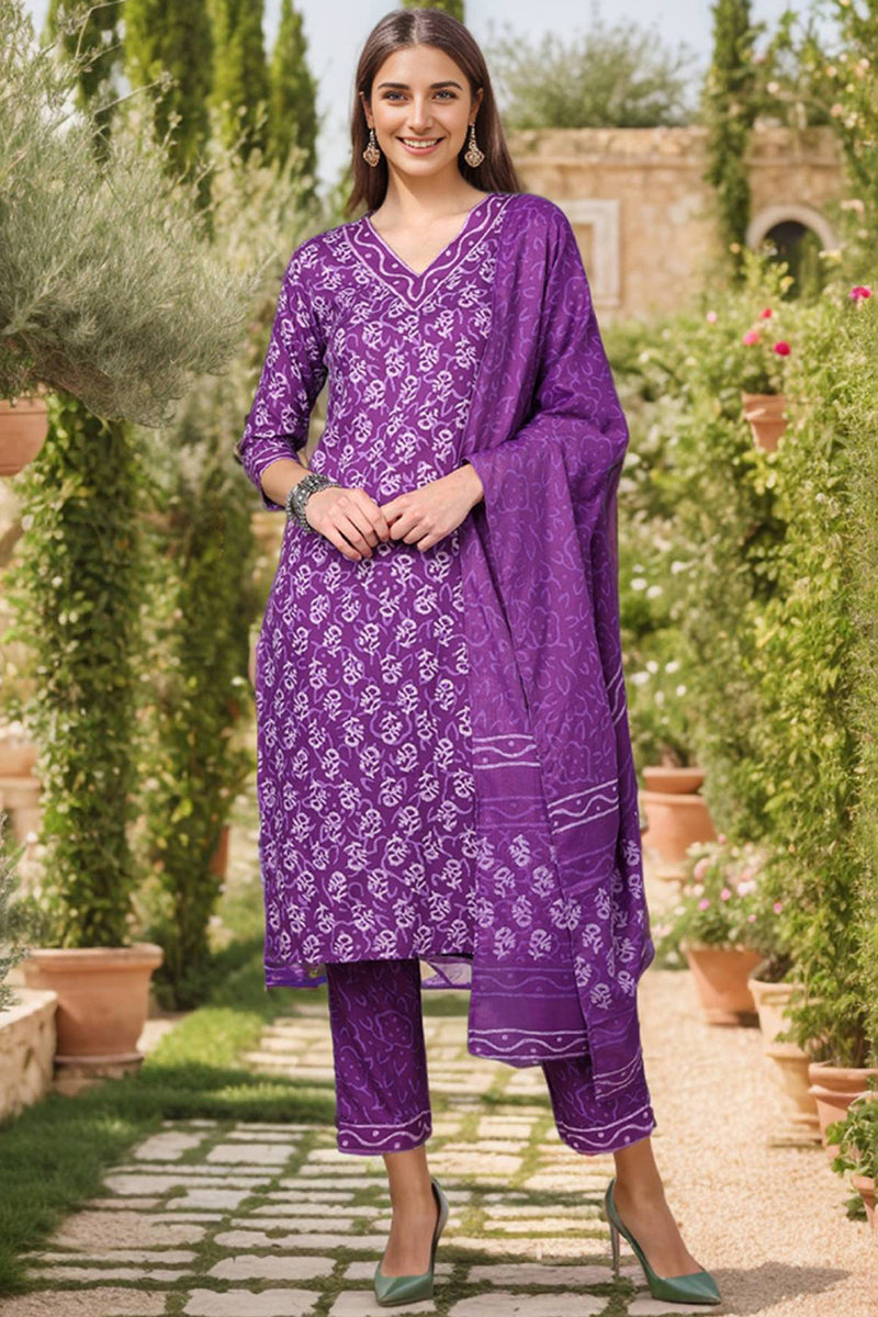 Violet Rayon Blend Ethnic Motifs Printed Straight Suit Set | SHOBITAM