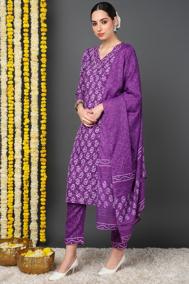 Violet Rayon Blend Ethnic Motifs Printed Straight Suit Set | SHOBITAM