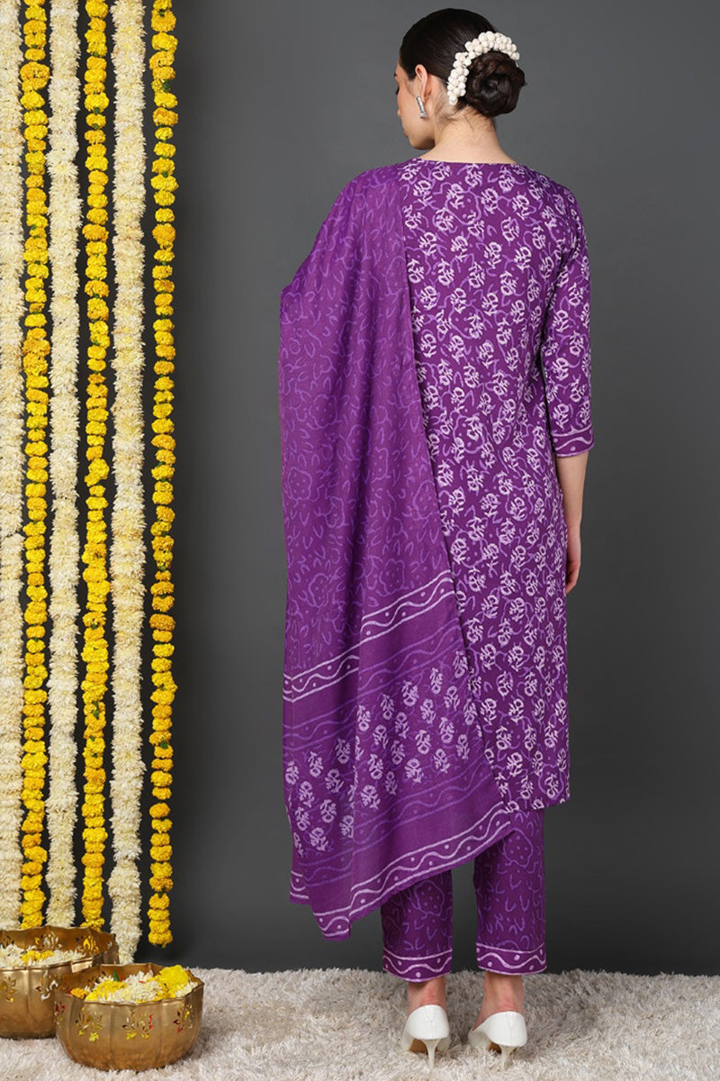 Violet Rayon Blend Ethnic Motifs Printed Straight Suit Set | SHOBITAM