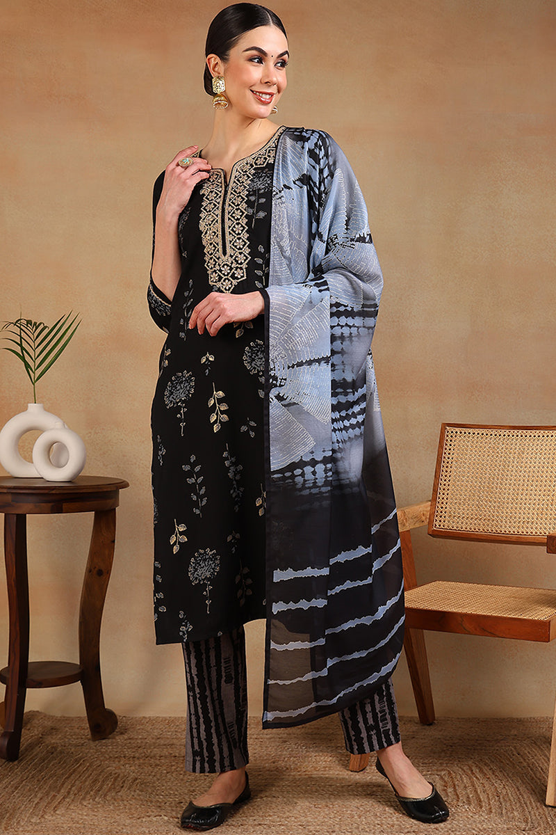 Black Rayon Floral Printed Yoke Design Straight Suit Set | SHOBITAM
