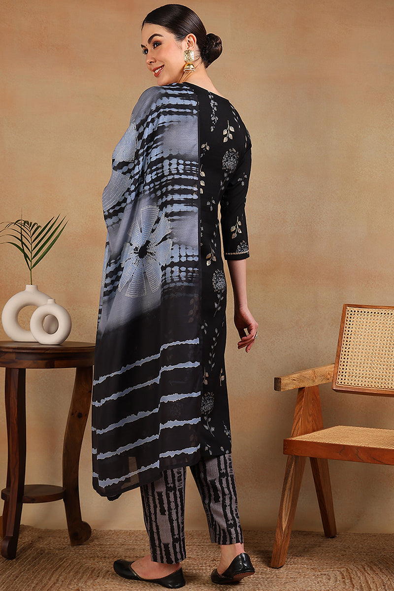 Black Rayon Floral Printed Yoke Design Straight Suit Set | SHOBITAM