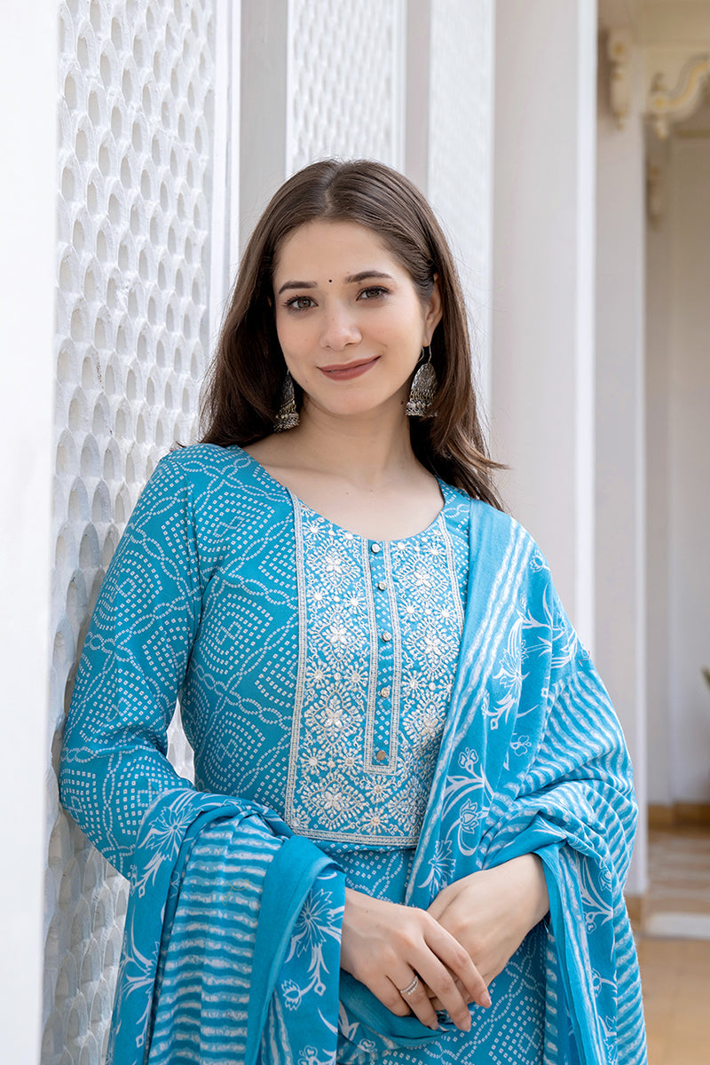 Blue Viscose Rayon Bandhani Embroidered Straight Suit Set | SHOBITAM