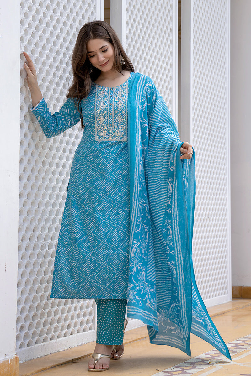 Blue Viscose Rayon Bandhani Embroidered Straight Suit Set | SHOBITAM