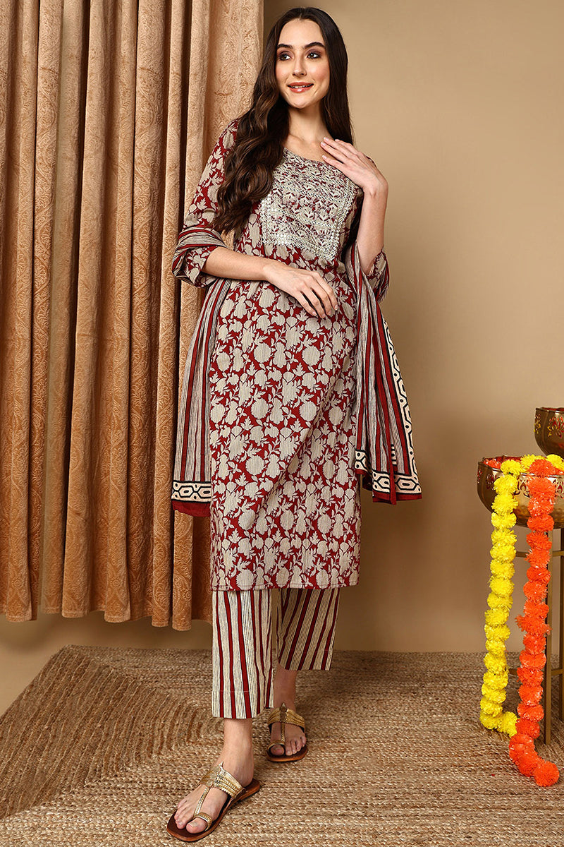 Maroon Rayon Blend Embroidered Floral Printed Straight Suit Set | SHOBITAM