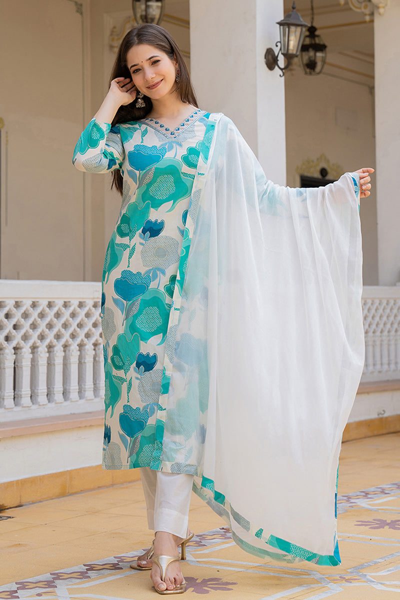 White Cotton Blend Floral Printed Straight Suit Set | SHOBITAM