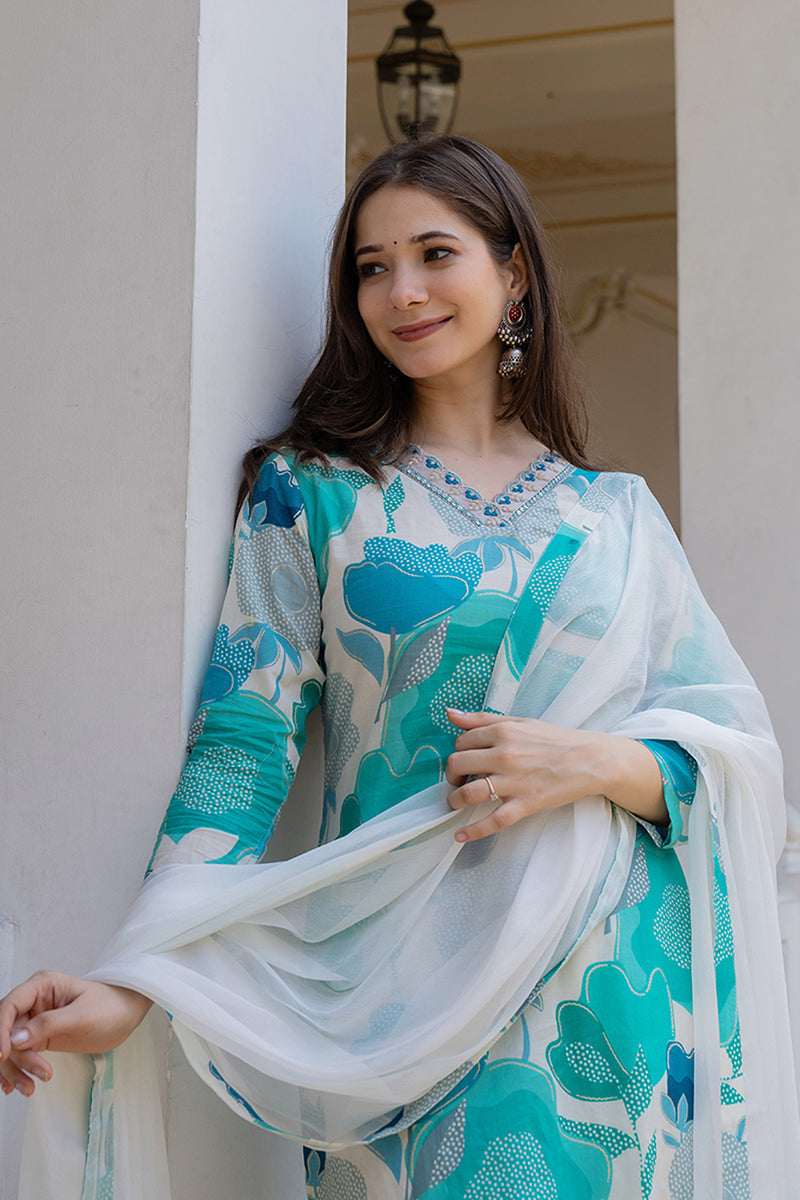 White Cotton Blend Floral Printed Straight Suit Set | SHOBITAM