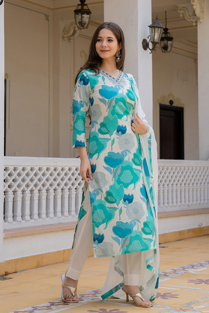 White Cotton Blend Floral Printed Straight Suit Set | SHOBITAM