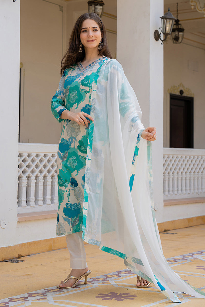 White Cotton Blend Floral Printed Straight Suit Set | SHOBITAM