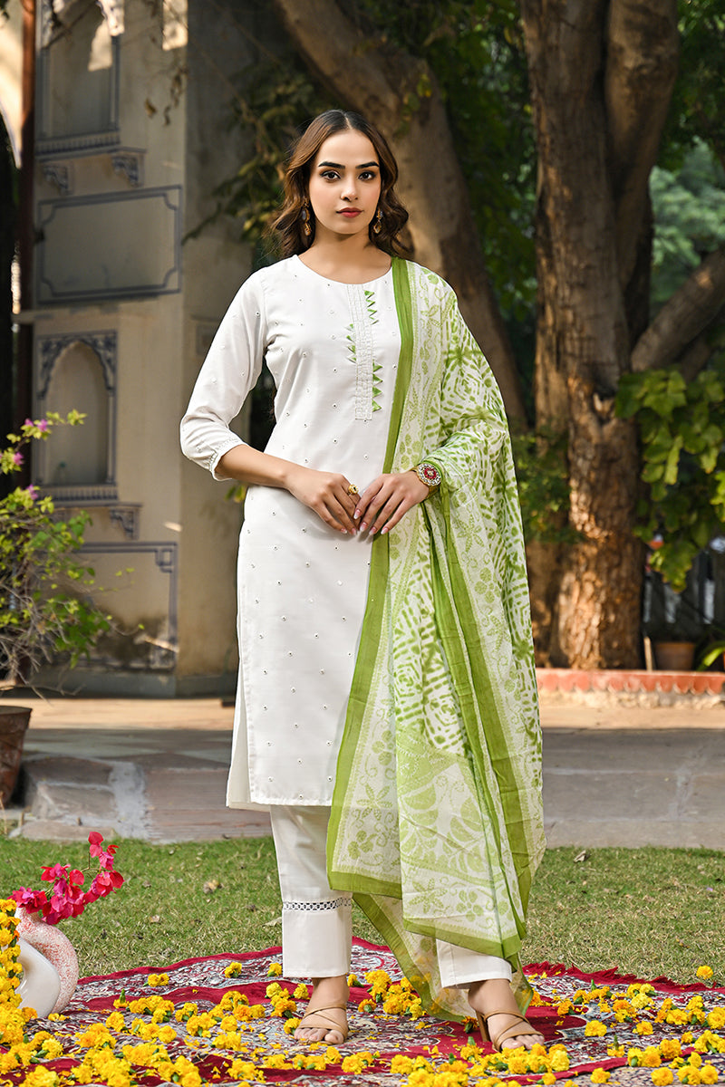 Green Rayon Blend Solid Embroidered Straight Suit Set | SHOBITAM