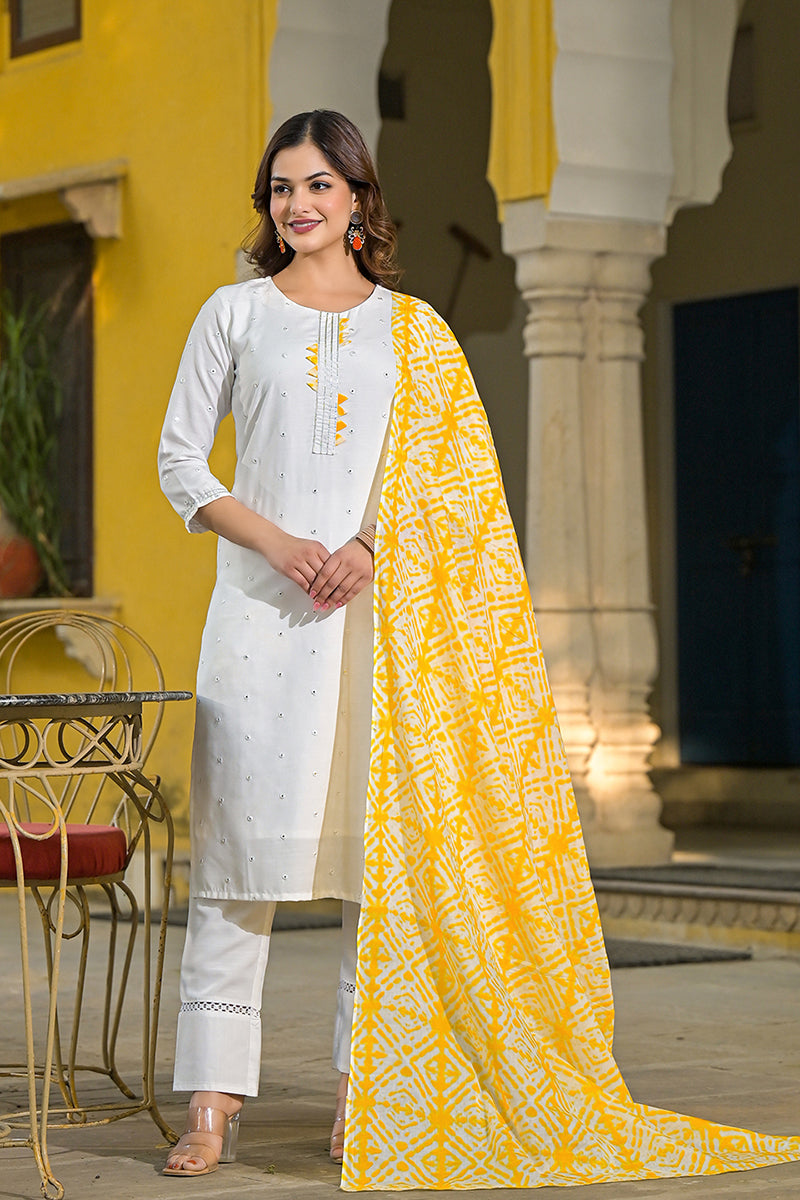 Yellow Rayon Blend Solid Embroidered Straight Suit Set | SHOBITAM
