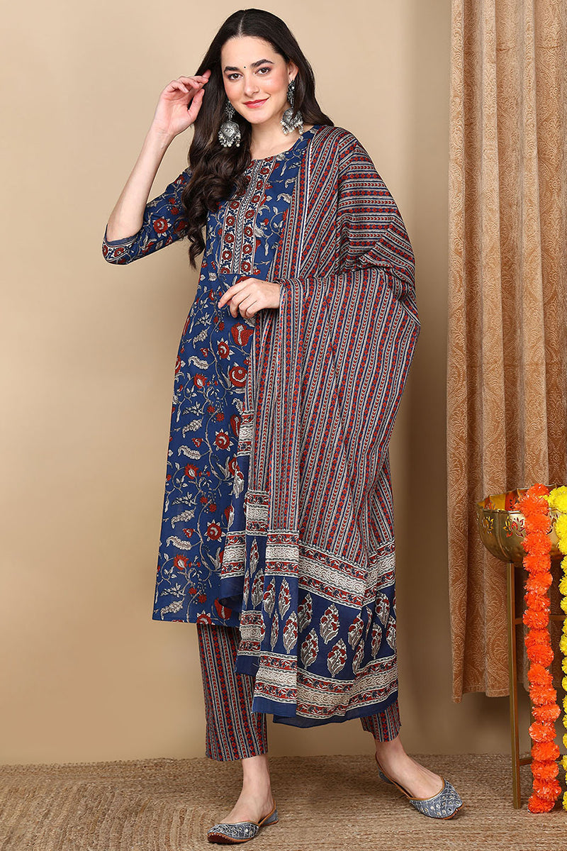 Blue Rayon Blend Floral Printed Straight Trouser Bottom Suit Set | SHOBITAM