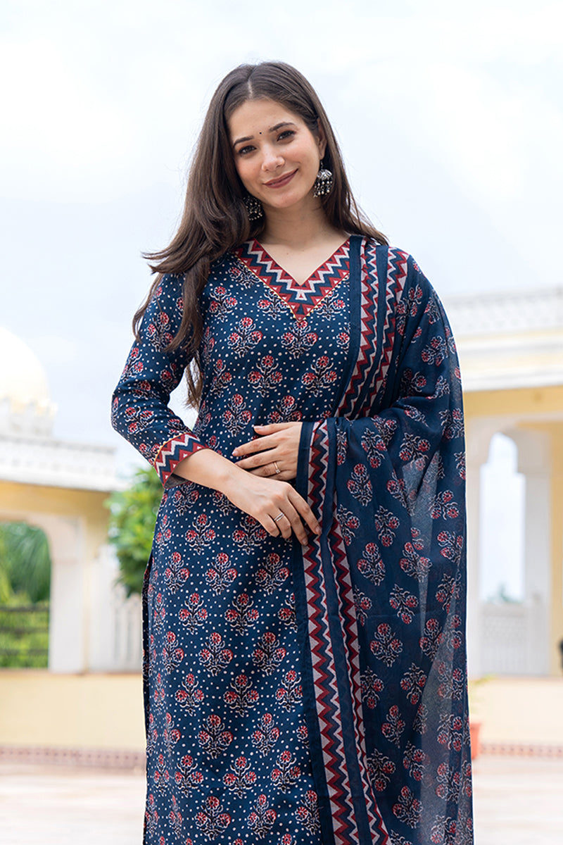 Navy Blue Rayon Blend Floral Printed Straight Trouser Bottom Suit Set | SHOBITAM