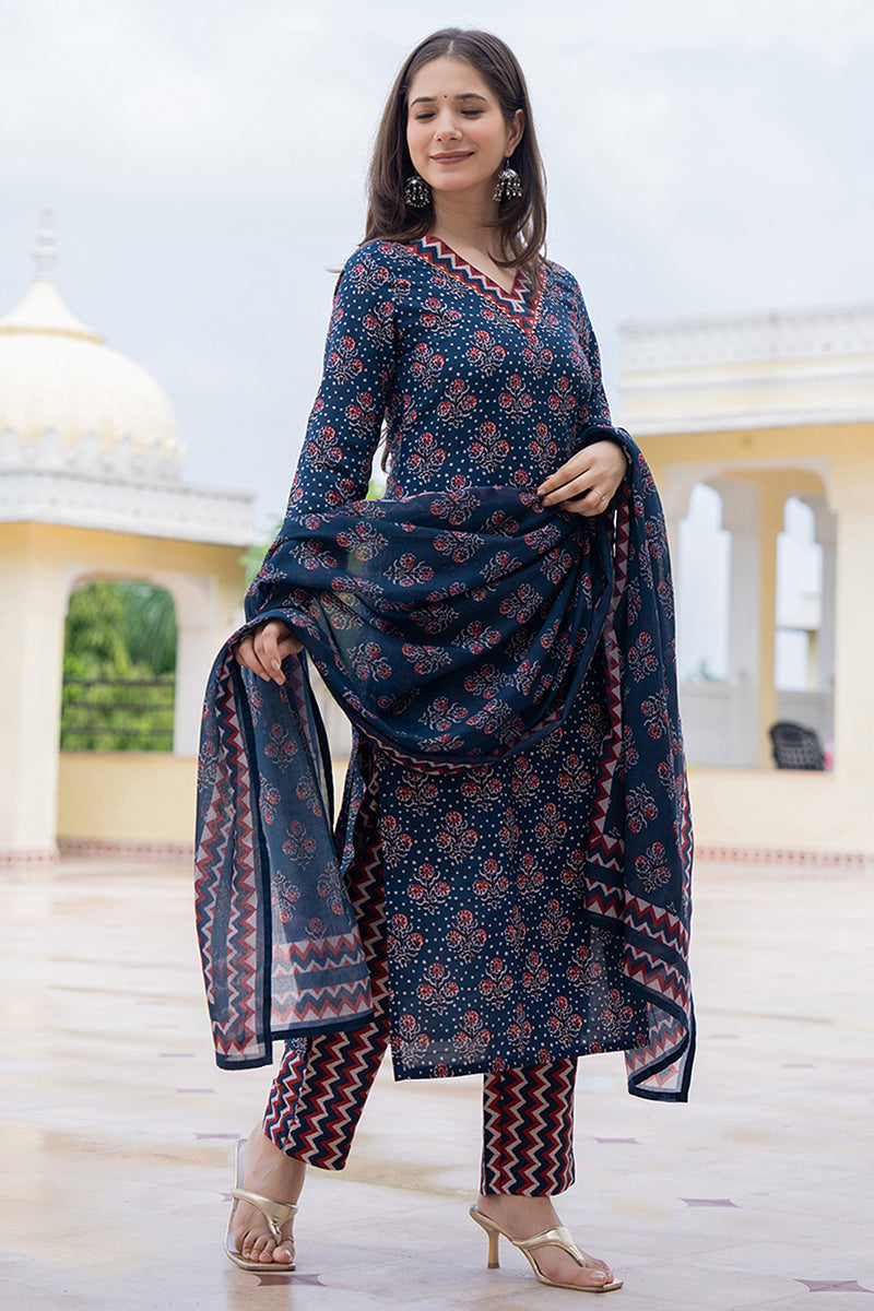 Navy Blue Rayon Blend Floral Printed Straight Trouser Bottom Suit Set | SHOBITAM