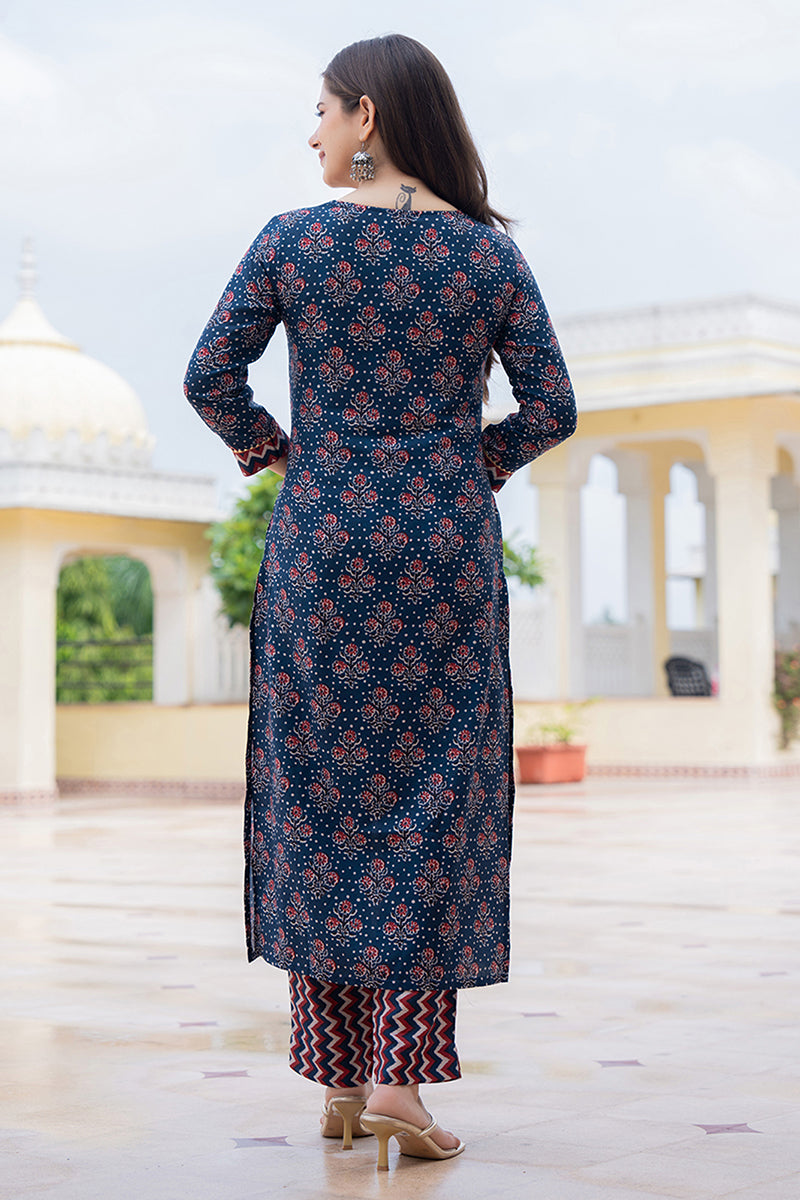 Navy Blue Rayon Blend Floral Printed Straight Trouser Bottom Suit Set | SHOBITAM