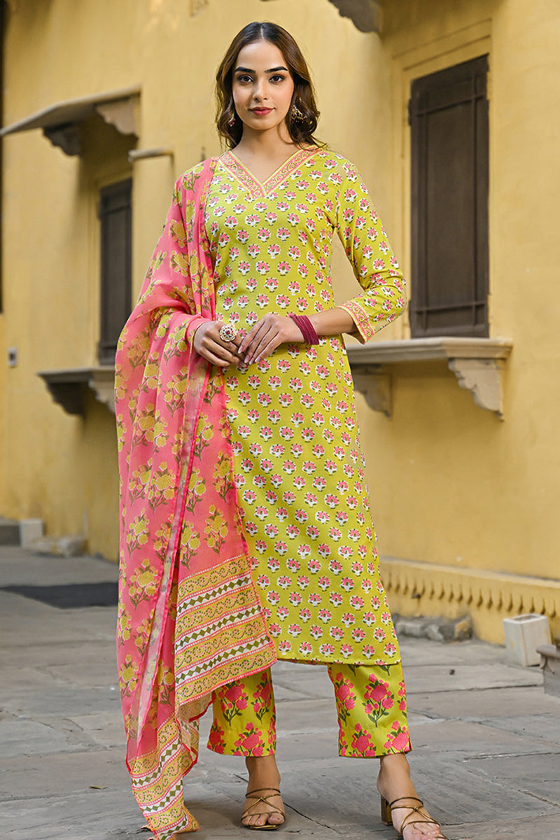 Yellow Rayon Blend Floral Printed Straight Trouser Bottom Suit Set | SHOBITAM