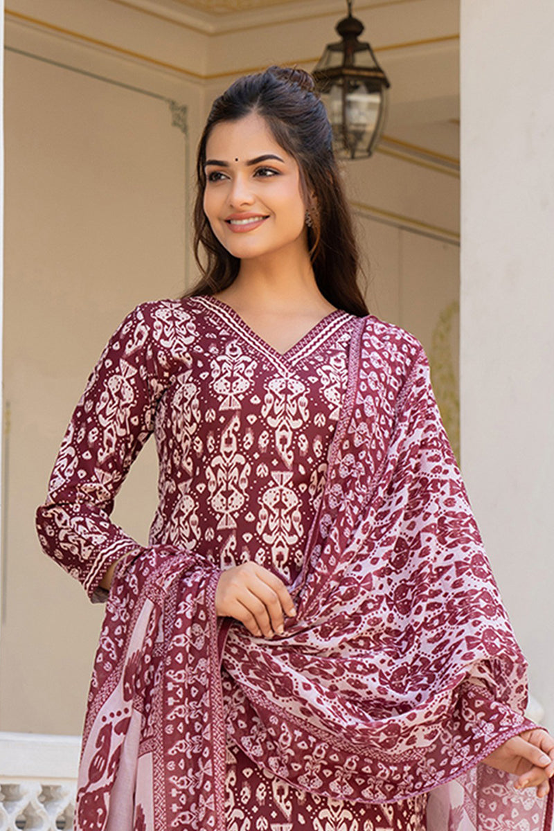 Maroon Rayon Blend Ethnic Motifs Printed Straight Trouser Bottom Suit Set | SHOBITAM
